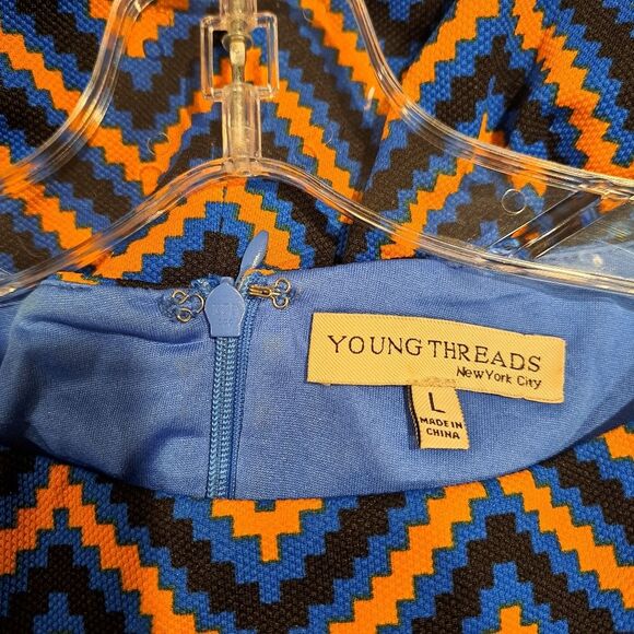 Young Threads Zig Zag Bodycon 3/4 Sleeve Dress Blue Orange Darts Women's size L - Picture 8 of 10